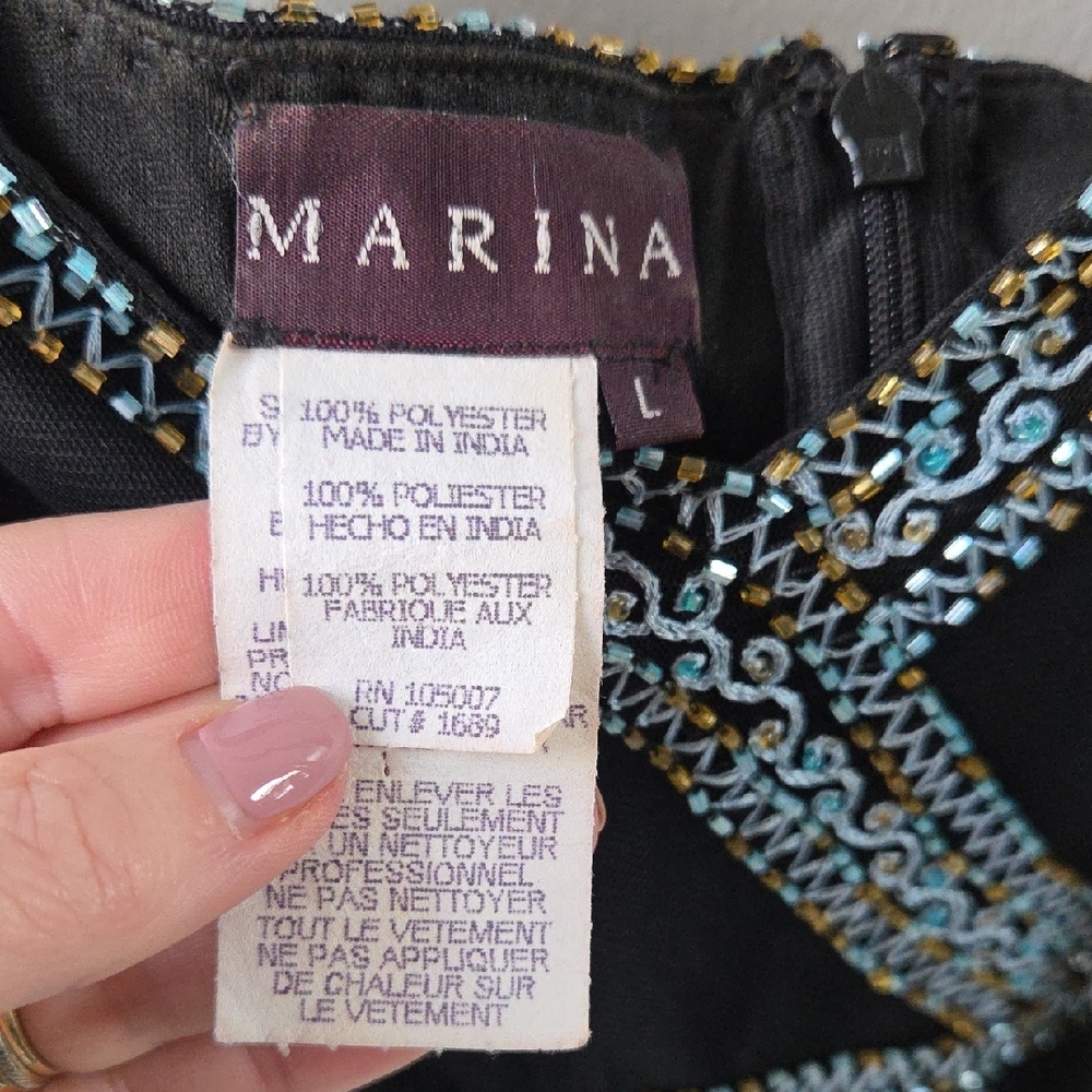 Vintage MARINA Black Camisole with Blue And Gold Floral Beading Womens Large - Picture 2 of 11